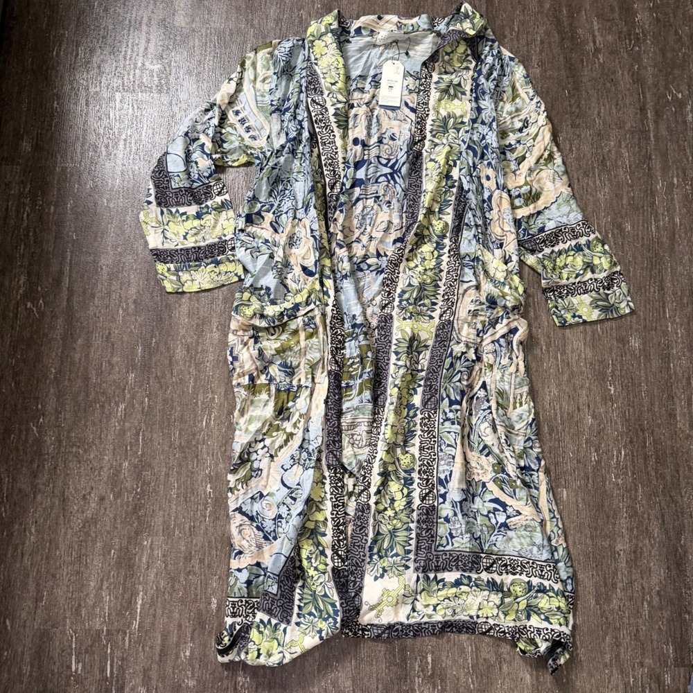 One Hundred Stars Robe Womens OS Blue Hedge & Vine Tapestry Sea Print Duster NWT